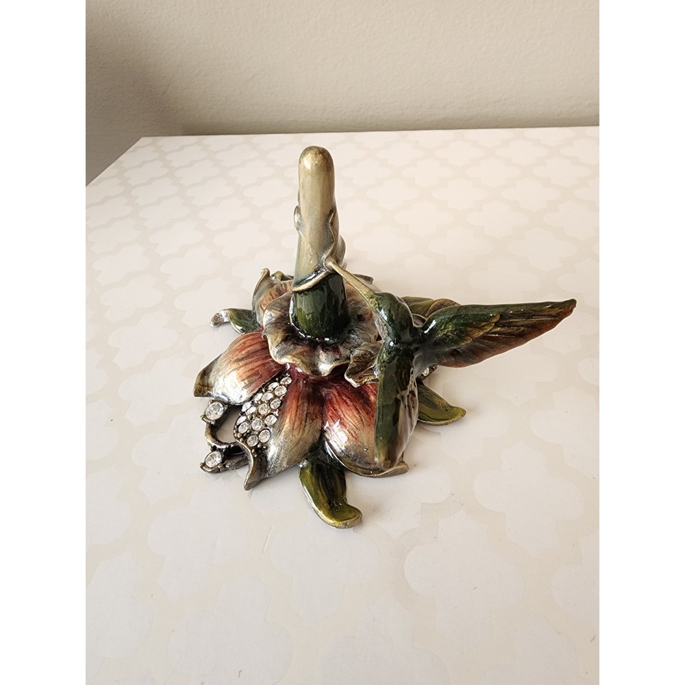 NIB Hummingbird Ring Holder Crystal Enamel Flowers Metal Jewelry Decor Vtg - Picture 6 of 12